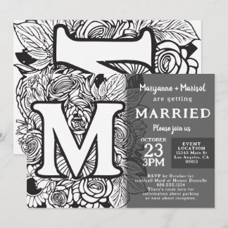 Schwarz-weiß Monogramm M Tattoo Blumen Hochzeit Einladung