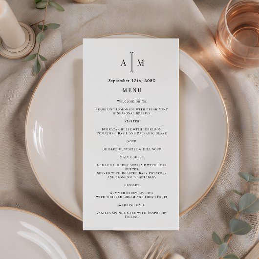 Schwarz-Weiß-Monogramm Minimale Hochzeitsprogramm  Menükarte