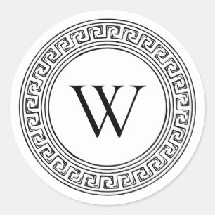 Schwarz-Weiß-Monogramm mit griechischem Schlüssel- Runder Aufkleber
