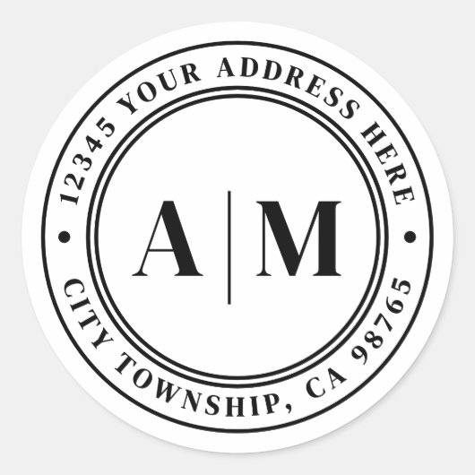 Schwarz Weiß Monogramm Rücksendeadresse Runder Aufkleber (Vorderseite)