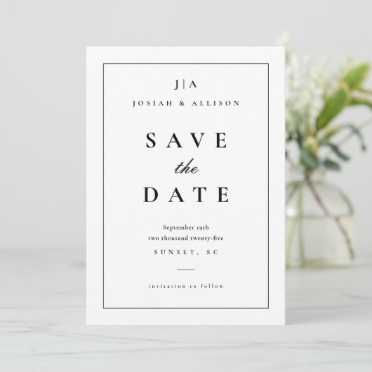 Schwarz-Weiß-Monogramm Save The Date (Stehend Vorderseite)