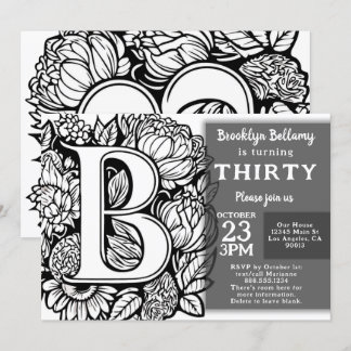 Schwarz-Weiß-Monogramm-Tattoo-Blume Geburtstag Einladung