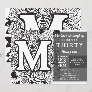 Schwarz-Weiß-Monogramm-Tattoo-Blume Geburtstag Einladung