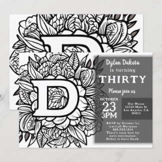 Schwarz-Weiß-Monogramm-Tattoo-Blume Geburtstag Einladung
