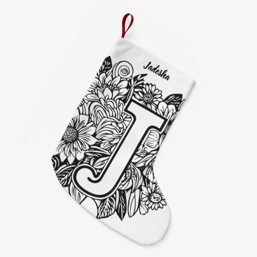 Schwarz-Weiß-Monogramm-Tinte im Tattoo-Style, Blum Kleiner Weihnachtsstrumpf (Vorderansicht (hängend))