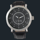 Schwarz-Weiß-Monogramm-Uhr Armbanduhr<br><div class="desc">Elegante und klassische, saubere und einfache, kundenspezifische mit Monogramm Uhren für den besonderen Mann auf Ihrer Geschenkliste. Klassisch leicht zu lesende weiße Zahlen mit Hashmarken auf schwarzem Gesicht. Fett und ausgeklügelt für traditionelle Stillemen - klicken Sie auf Anpassen, um die Schriftart-Größe, den Stil oder die Farben zu ändern. Neue Monogramm-Uhren...</div>