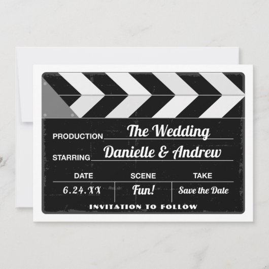 Schwarz-Weiß-Movie Clap Board Hochzeit Save The Date (Vorderseite)