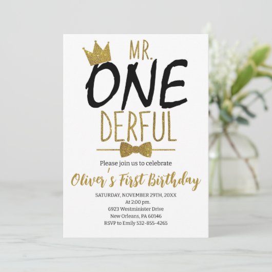 Schwarz & Weiß, Mr. Onederful Birthday, Little Man Einladung (Stehend Vorderseite)