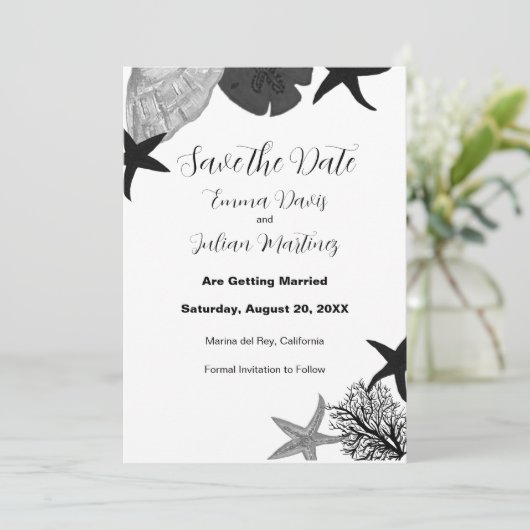 Schwarz-Weiß-Muschel Save the Date lässig Einladung (Stehend Vorderseite)