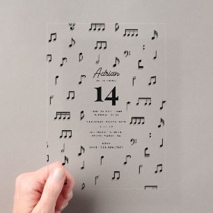 Schwarz-Weiß-Musiknoten-Symbol Geburtstagsfeier Acryleinladungen