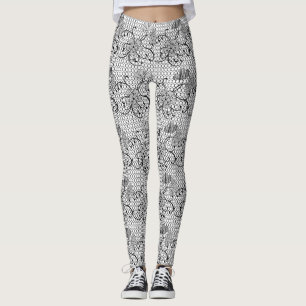 Schwarz-Weiß-Muster der Blumenspitze Leggings