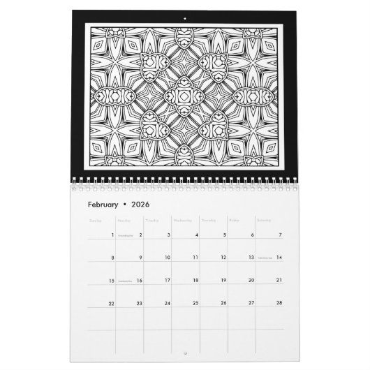 Schwarz-Weiß-Muster-Farbbuch Kalender (Feb 2026)