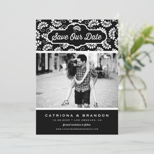 Schwarz-Weiß-Muster-Foto Rette unser Datum Save The Date (Stehend Vorderseite)