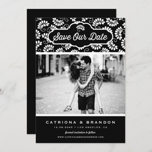 Schwarz-Weiß-Muster-Foto Rette unser Datum Save The Date (Vorne/Hinten)