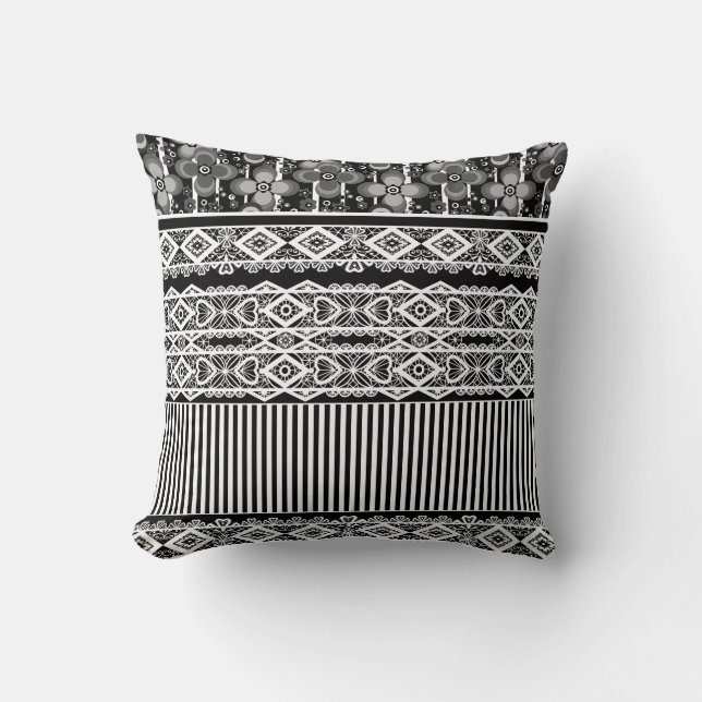 Schwarz-Weiß-Muster mit Spitzen und Patchwork Kissen (Vorderseite)
