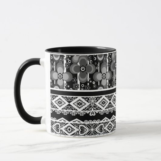 Schwarz-Weiß-Muster mit Spitzen und Patchwork Tasse (Links)