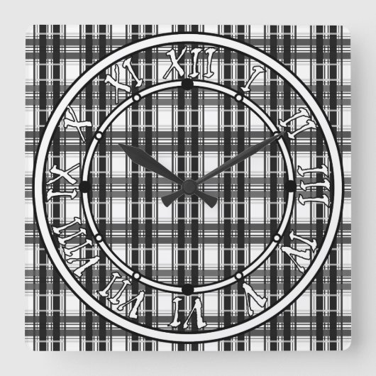 Schwarz-Weiß-Muster Tartan-Geometrie überprüft Quadratische Wanduhr (Vorderseite)
