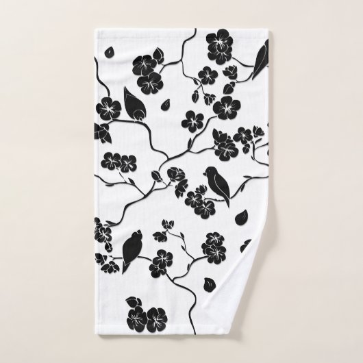 Schwarz-Weiß-Muster Vögel auf Kirschblüten Badhandtuch Set (Handtuch)