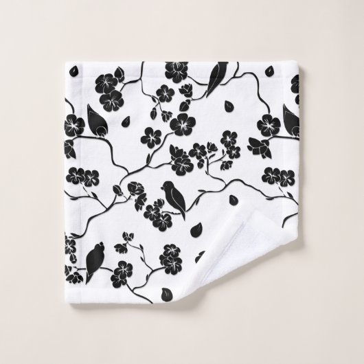 Schwarz-Weiß-Muster Vögel auf Kirschblüten Badhandtuch Set (Waschlappen)