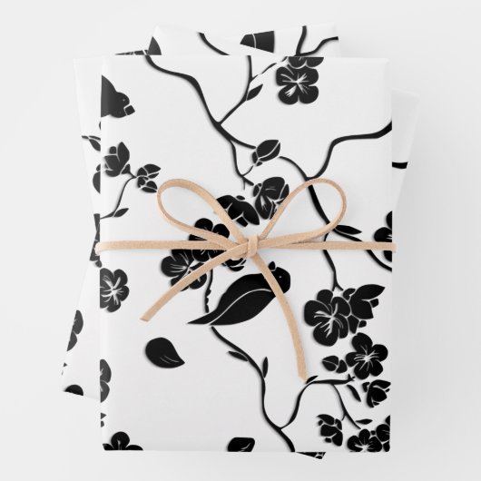Schwarz-Weiß-Muster Vögel auf Kirschblüten Geschenkpapier Set (Beispiel)