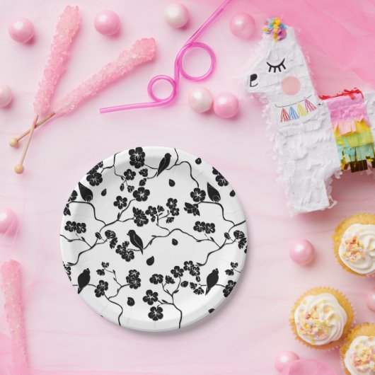 Schwarz-Weiß-Muster Vögel auf Kirschblüten Pappteller (Party)