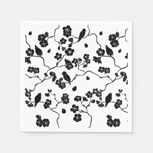 Schwarz-Weiß-Muster Vögel auf Kirschblüten Serviette (Vorderseite)