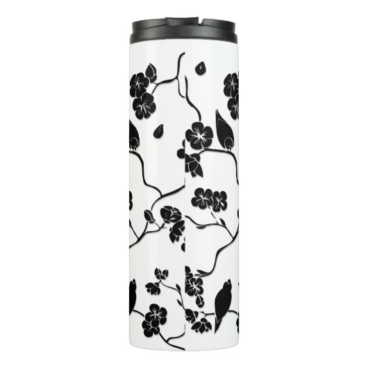 Schwarz-Weiß-Muster Vögel auf Kirschblüten Thermosbecher (Rückseite)