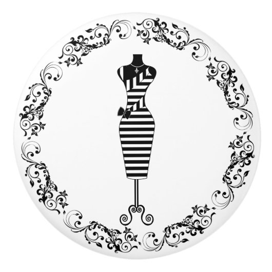 Schwarz-Weiß Nähzimmer Bodice Dress Form Cerealien Keramikknauf (Vorderseite)