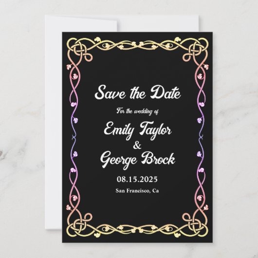 Schwarz-Weiß-Neon-Rahmen Blumenzehen Save The Date (Vorderseite)