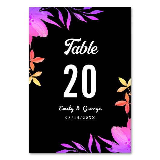 Schwarz-Weiß-Neonfarben Blumenzehen Tischnummer (Vorderseite)