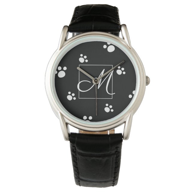 Schwarz/Weiß Niedlich Dog PW Druckmuster Monogramm Armbanduhr (Vorderseite)