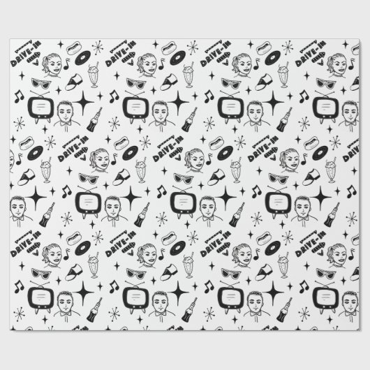 Schwarz-Weiß Nostalgischer Retro-Stil der 1950er J Geschenkpapier (Flach)