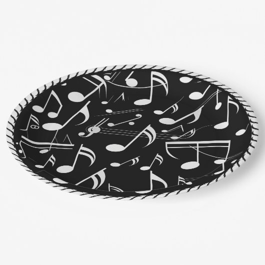 Schwarz-Weiß-Noten-Muster Pappteller (Schrägansicht)