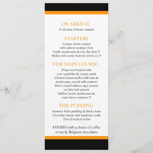 Schwarz-Weiß-Orangenmenü Menükarte (Rückseite)