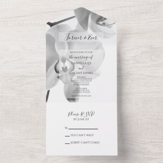 Schwarz-Weiß-Orchideen-Hochzeit All In One Einladung (Innen Boden)