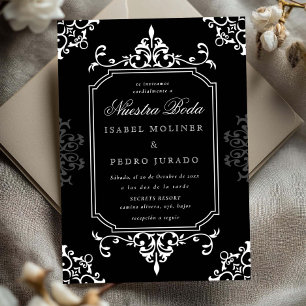 Schwarz Weiß Ornament Vintage Nuestra Boda Hochzei Einladung
