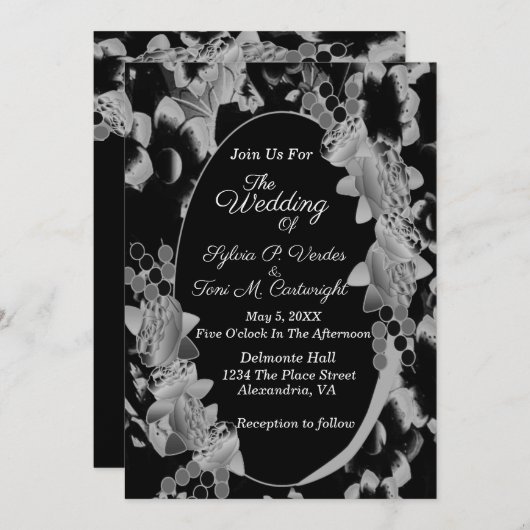 Schwarz-Weiß-Oval-Blumengarten Hochzeit Einladung (Vorne/Hinten)