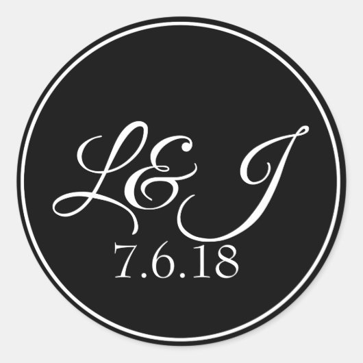 Schwarz-Weiß-Paare-Initalien & Hochzeitstag Runder Aufkleber (Vorderseite)