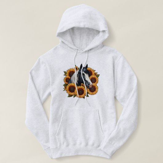 Schwarz-Weiß-Paint-Pferd mit Sonnenblumen Hoodie (Design vorne)