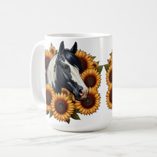 Schwarz-Weiß-Paint-Pferd mit Sonnenblumen Kaffeetasse (Vorderseite Links)