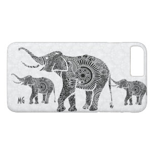 Schwarz-Weiß-Paisley-Elefant-Monogramm iPhone 8 Plus/7 Plus Hülle