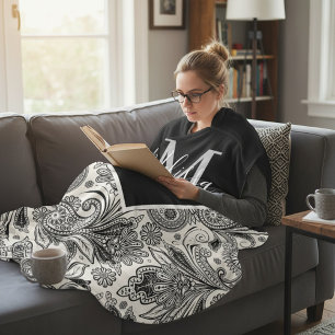 Schwarz-weiß Paisley Fleecedecke