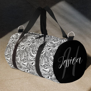 Schwarz-Weiß-Paisley-individuelle Name Duffle Bag