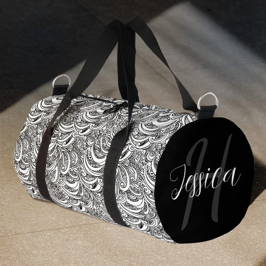 Schwarz-Weiß-Paisley-individuelle Name Duffle Bag