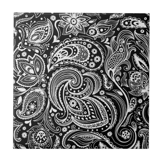 Schwarz-Weiß-Paisley-Muster Fliese (Vorderseite)