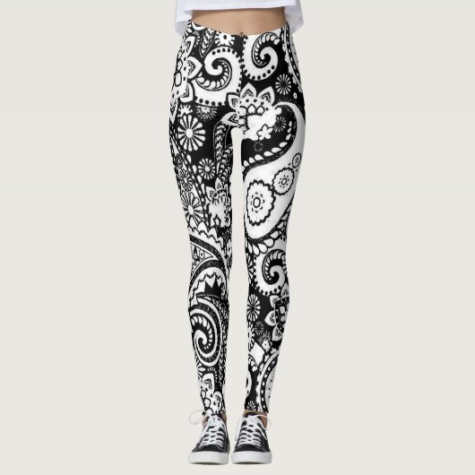 Schwarz-Weiß-Paisley-Muster Leggings (Vorderseite)