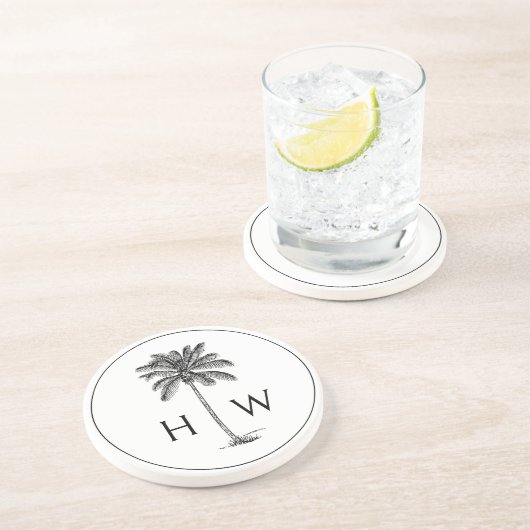 Schwarz-Weiß-Palm-Palmetto-Baum-Monogramm Getränkeuntersetzer (Seite)