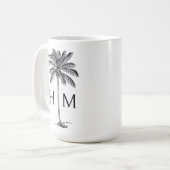 Schwarz-Weiß-Palm-Palmetto-Baum-Monogramm Kaffeetasse (Vorderseite Links)