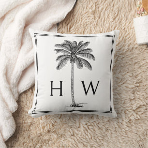 Schwarz-Weiß-Palm-Palmetto-Baum-Monogramm Kissen