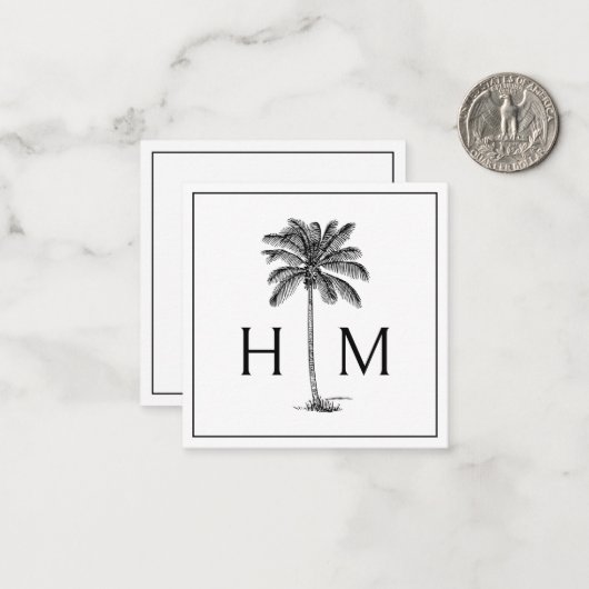Schwarz-Weiß-Palm-Palmetto-Baum-Monogramm Mitteilungskarte (Vorderseite/Rückseite Beispiel)